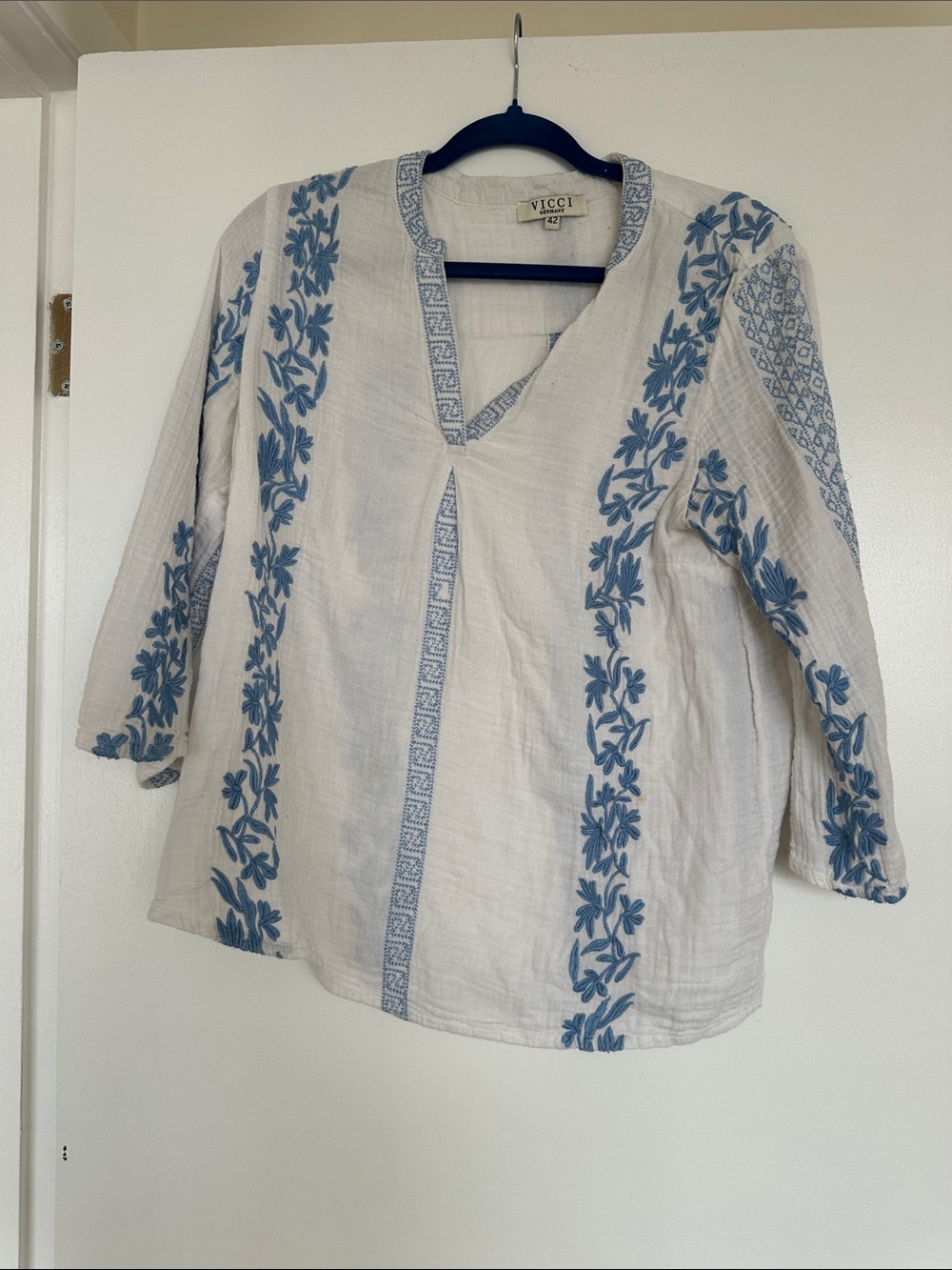 White Cotton Tunic with Blue Embroidery